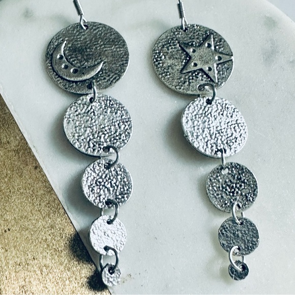 2/$30🌵 Celestial Silver Disc Star Crescent Moon Drop Earrings NEW Boho Jewelry - Picture 3 of 6
